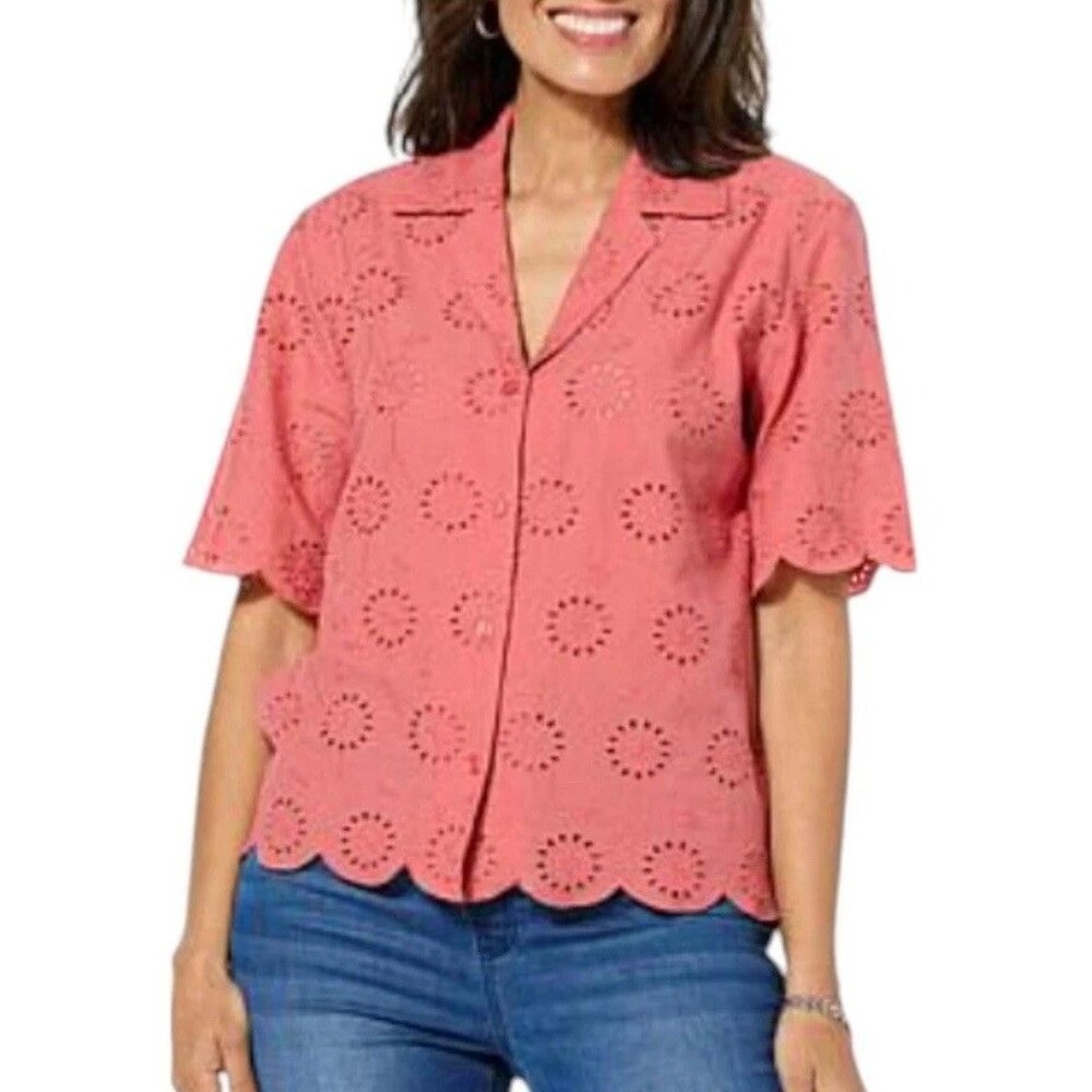 HUE Women's Large Button Down Eyelet Top with Scalloped Trim Faded Rose